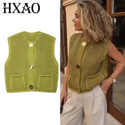 HXAO Women's Cropped Sweater Vests Sleeveless Knit Vest Woman Outerwears Autumn Round Neck Short Sweaters Green Navy Blue Vest