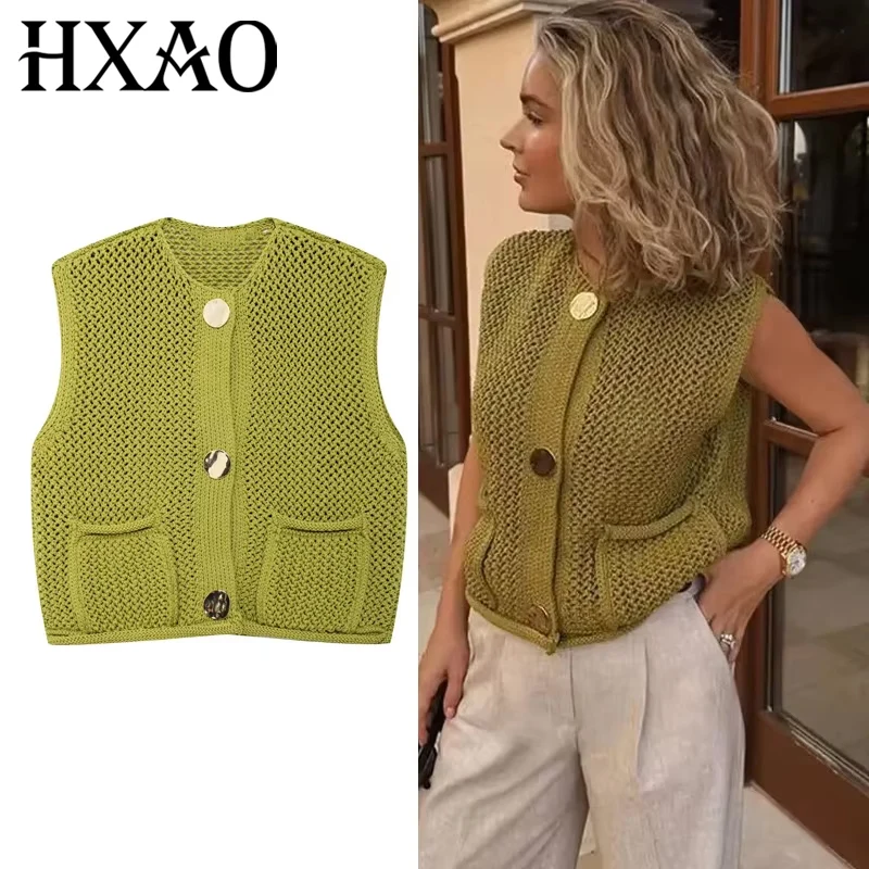 HXAO Sleeveless Short Sweaters Knitted Vest Women Autumn Cut Out Women's Sweater Vests Casual Cropped New Knitwear Crochet Vest