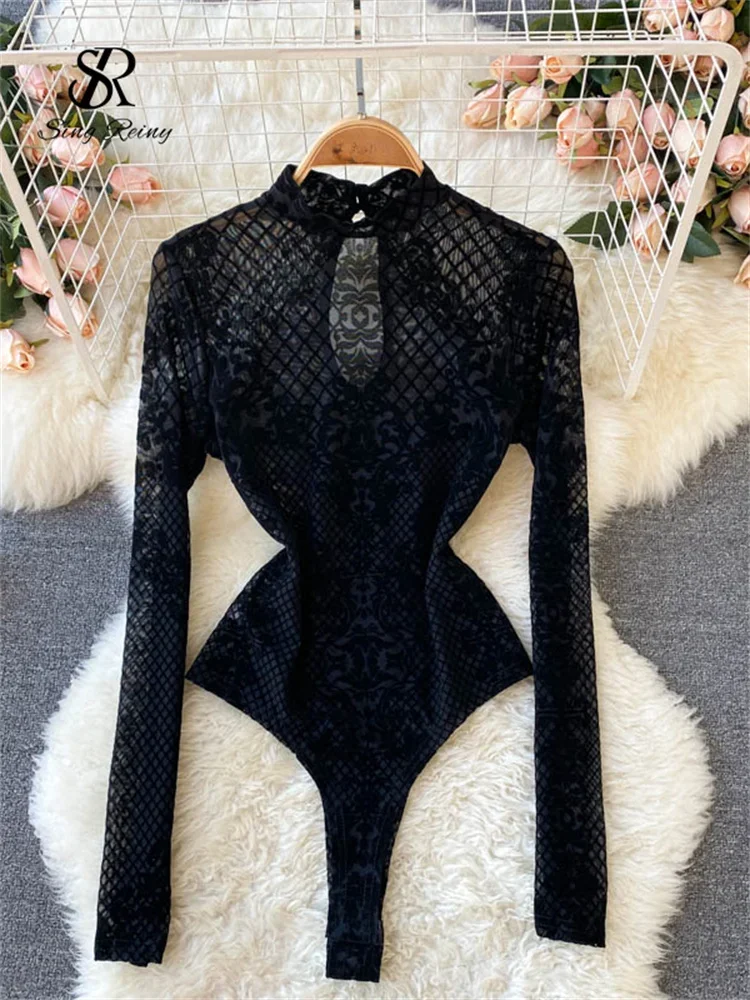 

SINGREINY Fashion Women Velvet Slim Playsuits Long Sleeves Vintage Bodycon Rompers Streetwear Y2K Ins Chic Mesh Sexy Bodysuits