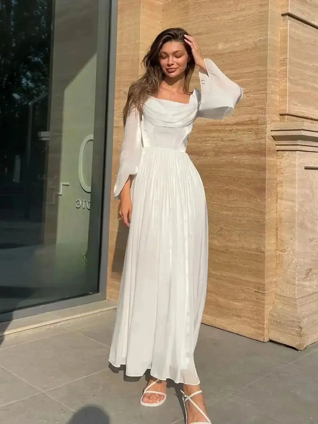 White Chiffon Evening Gowns Long Sleeves Square Neck Prom Dresses A-Line Pleated Ankle Length Formal Party Dress