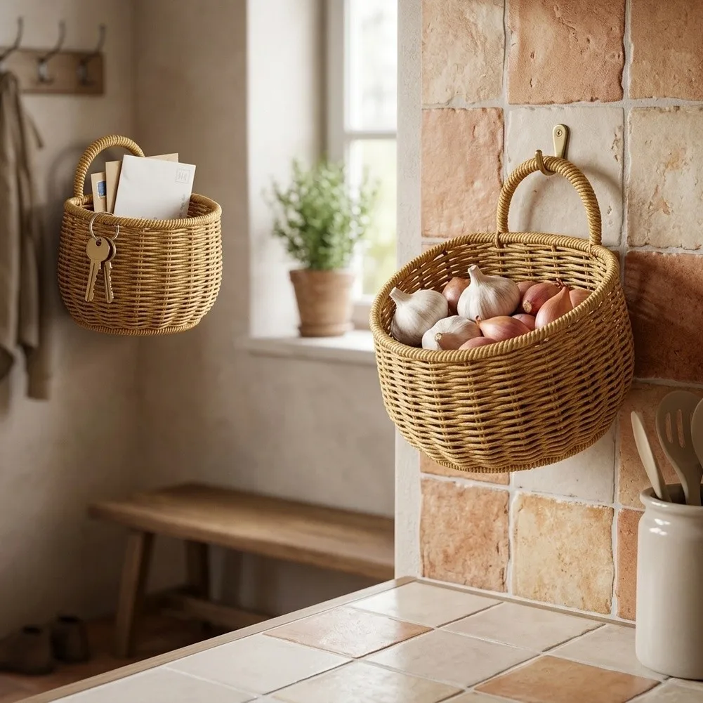 Hand Woven Style Wall Basket 2 Pack for Kitchen Bathroom Decor Storage PP Material Moisture Resistant 13.5x10x9.5cm