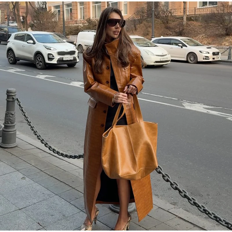 Crocodile Embossed Faux Leather Long Jackets Chic Wide Lapel Belted Waist Quarter Sleeve Loose Coat Women Street Chic Outfits