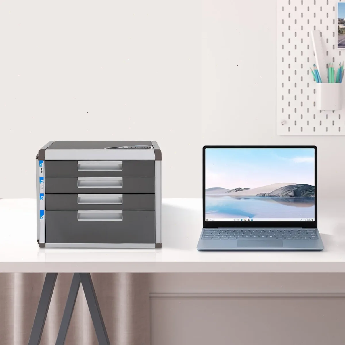Desk Apothecary Cabinet, 4-Drawer Locking File Organizer, Aluminum Alloy Metal Storage Box, 1 Large 3 Small Drawers, for Office Stationery