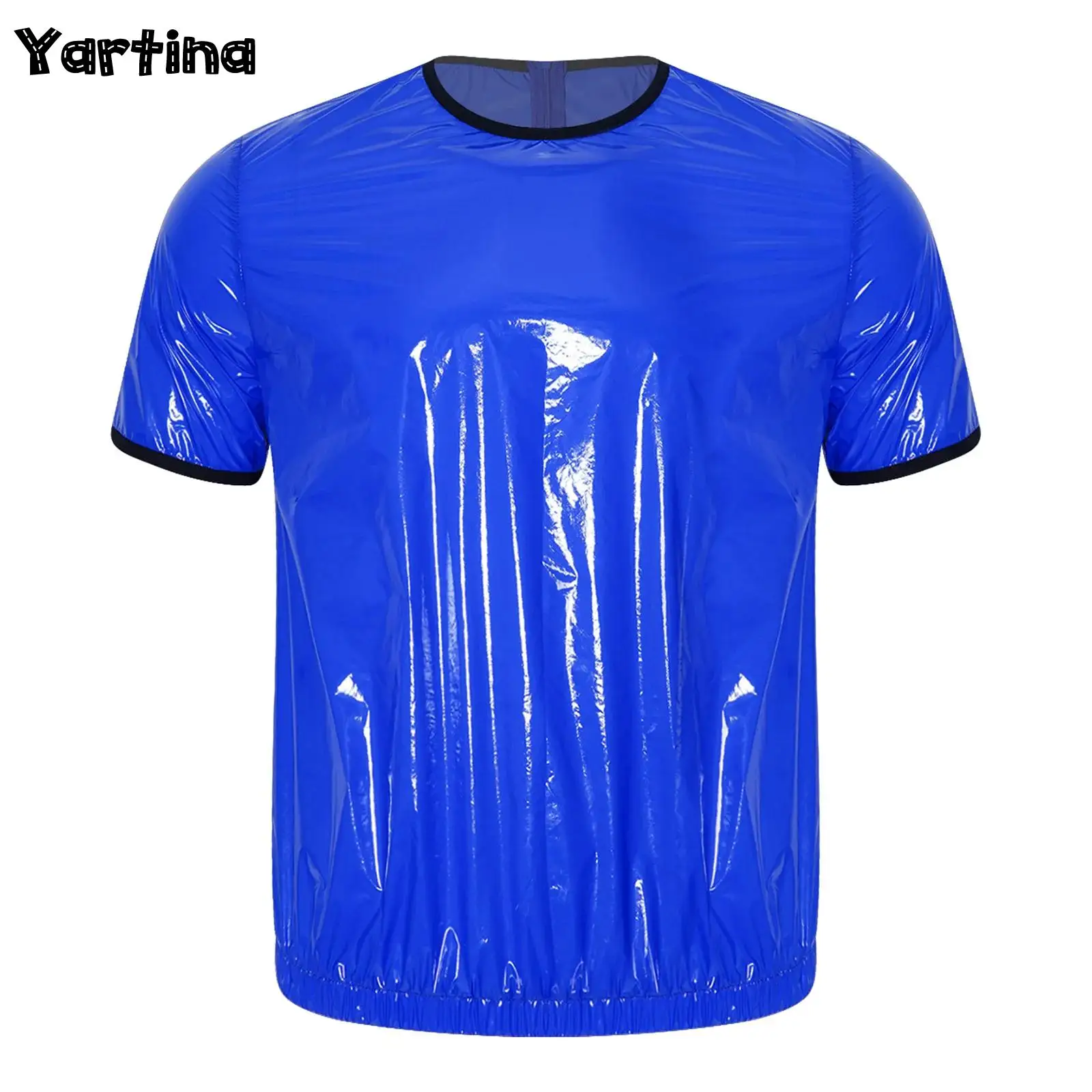 Mens Shiny Waterproof Sweat Training Sauna Top Shiny Metallic PU Short Sleeve Tee Crew Neck T-Shirts Tops Carnival Club Wear