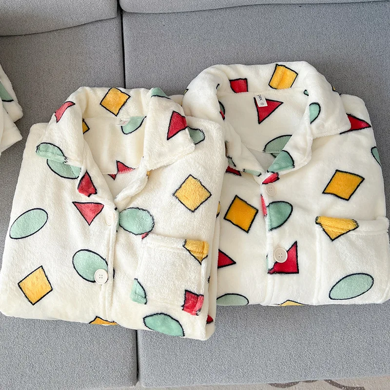 Anime Crayon Shin-Chan Men's/women's Couple Pajamas Velvet Set Casual Pajama Plush Lapel Coral Fleece Cartoon Warm Homewear
