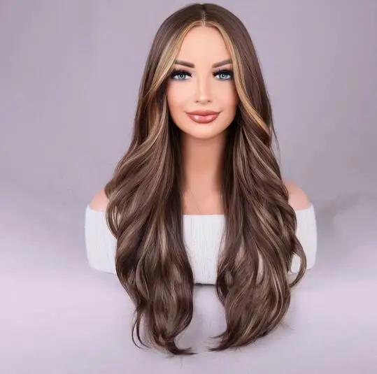 

Long Mixed Brown Highlights Wavy Wig for Women Natural Synthetic Curly Wig Heat Resistant Fiber Wig for Everyday Wear