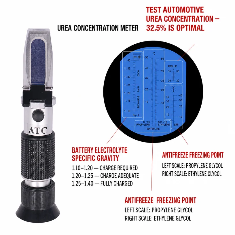 Antifreeze Refractometer, Coolant Freeze Point Tester, Urea Concentration Meter for Ethylene Glycol, Methanol, Washer Fluid