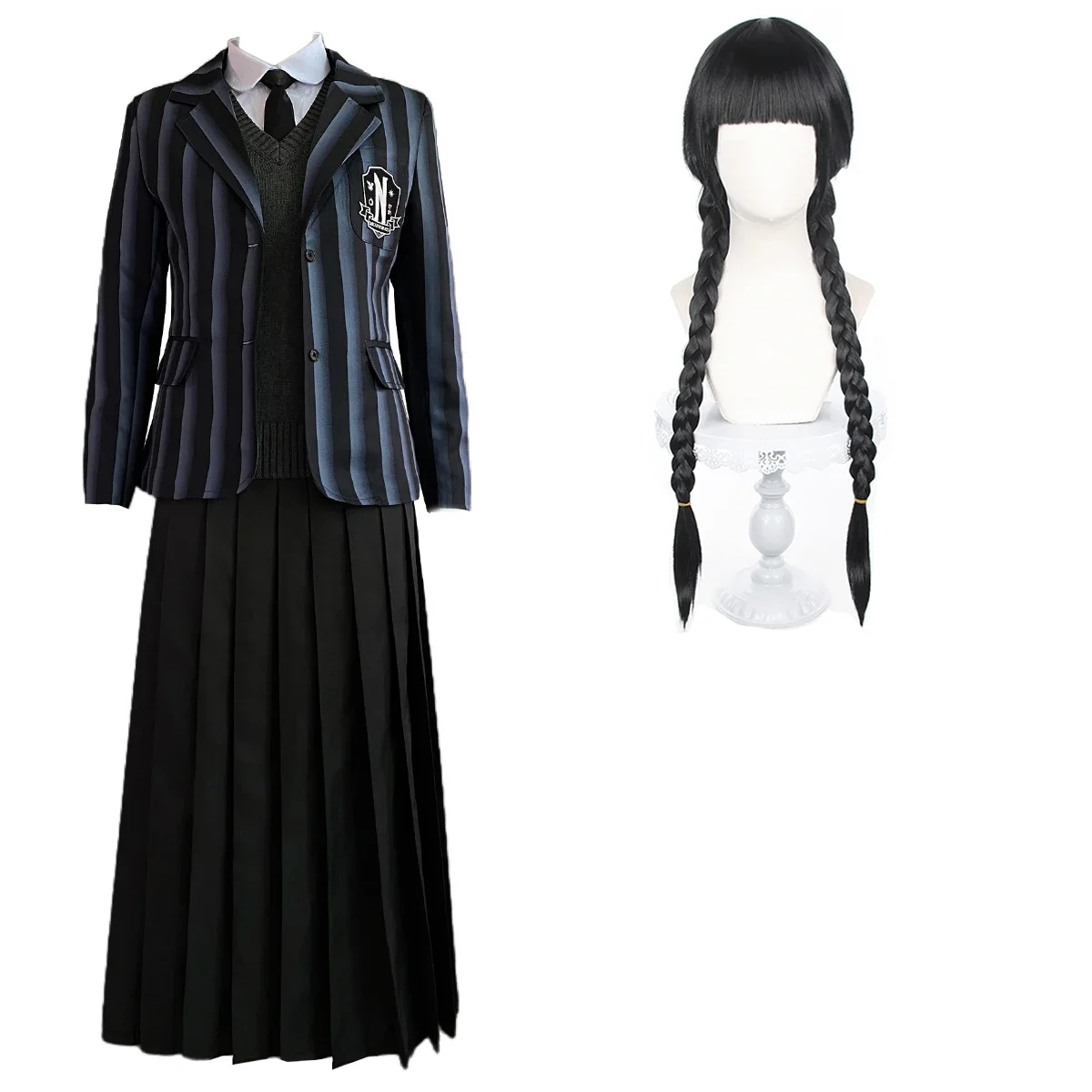 Peluca de disfraz de Cosplay, uniforme escolar Nevermore, vestido, suéter, traje con logotipo bordado, fibra sintética de red rosa