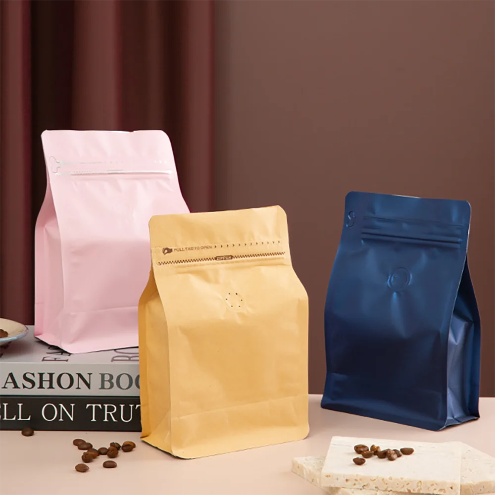 50pcs Reusable Dark Brown/Blue/Pink/Green Aluminum Foil Tea Coffee Grain Bag with Valve Smell Proof 250g 500g 1kg with Design