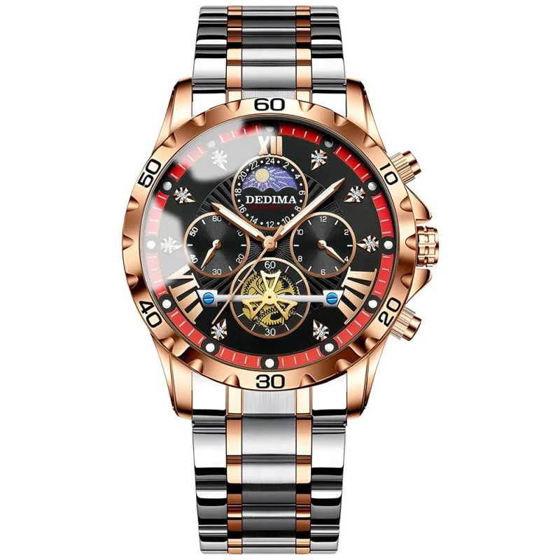 DEDIMA Multifunctional Sports Watch for Men Business Flywheel Luminous Wristwatch High End Steel Waterproof Quartz Men's Watches