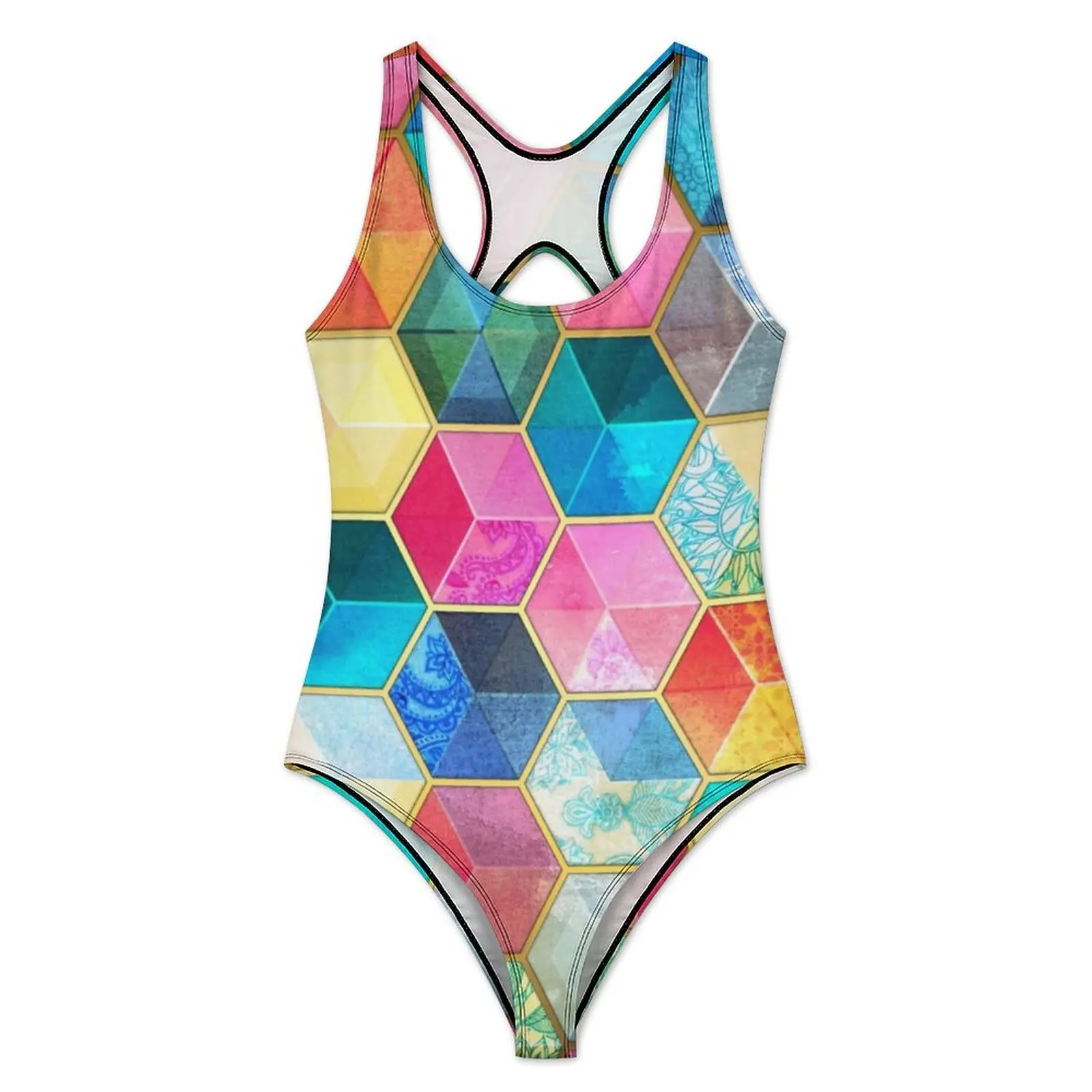 Colorful Geo Print Swimsuit Sexy Honeycomb Cubes Women Swimwear One-Piece Bodysuit Holiday Pool Push Up High Cut Beachwear
