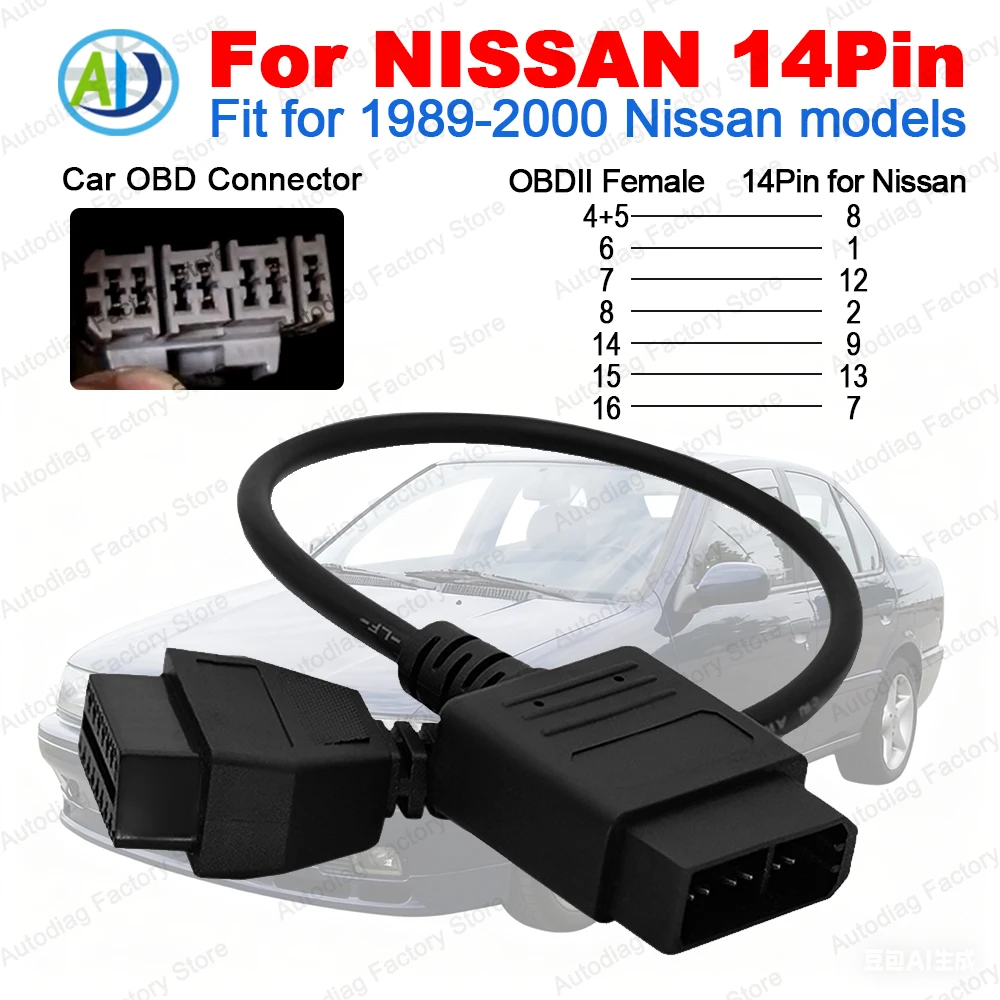 For Nissan 14Pin OBD Diagnostic Cable 14Pin To OBD2 16Pin Female Car OBDII Diagnostic Connector Adapter For Nissan 1989-2000