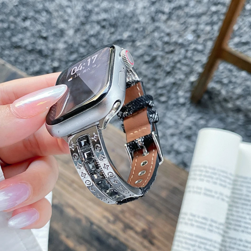 سوار فاخر بنقشة مميزة لساعة Apple Watch 38 مم 40 مم 41 مم 42 مم 44 مم 45 مم 46 مم 49 مم، سوار Iwatch Series 10 9 8 7 6 5 4 3 2 SE مصنوع من جلد الدنيم فائق النحافة
