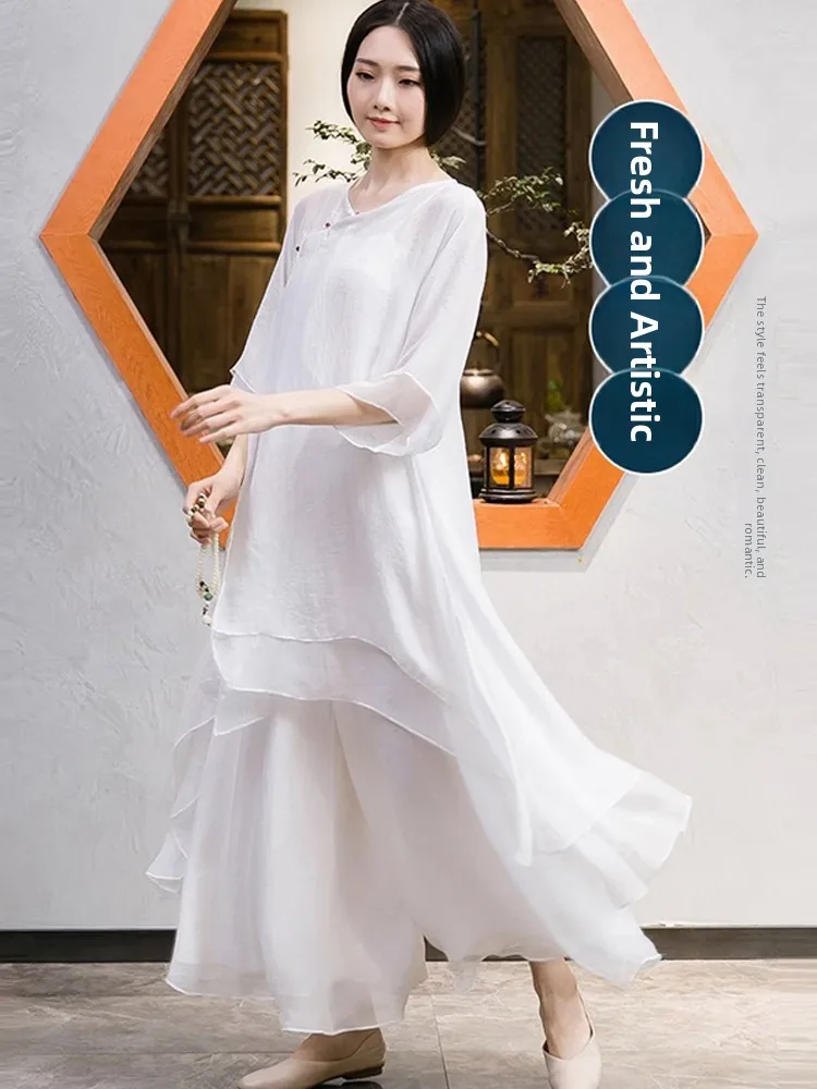 Ensemble de danse Zen éthérée blanche Dr, Costume de cérémonie de thé irrégulier pour femmes, tenue de spectacle sur scène traditionnelle chinoise