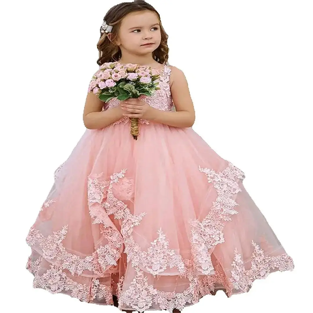 Vestidos de niña de flores personalizados para boda, apliques de encaje hinchados, tul, fiesta de cumpleaños para niños, vestidos de baile de princesa, vestido de desfile