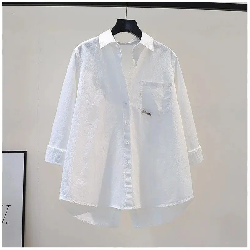 2024 Summer Korean Edition Casual Design Sense Back Split Shirt Women's Loose 3/4 Sleeve Shirt Cardigan Top Solid Color Commuter