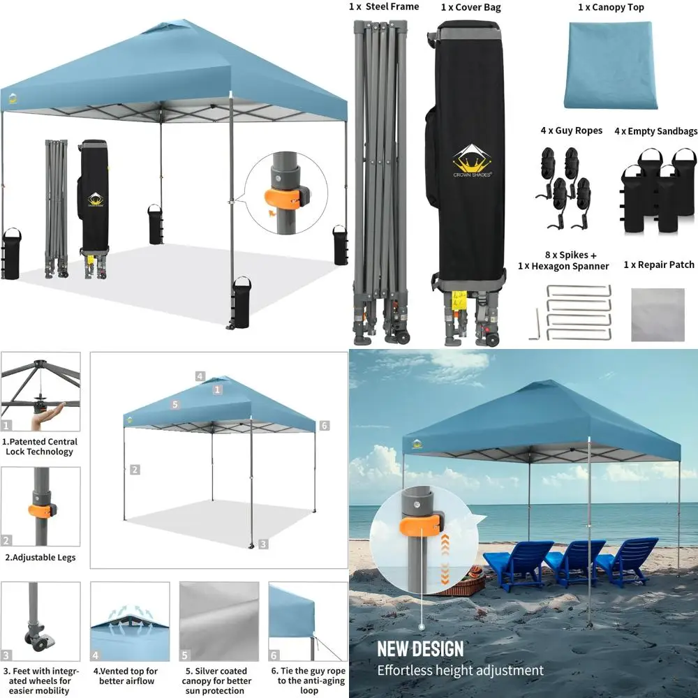 

Adjustable Height Pop Up Canopy 10x10 - One Push Setup Beach Tent for Outdoor Sun Shade and Easy Use