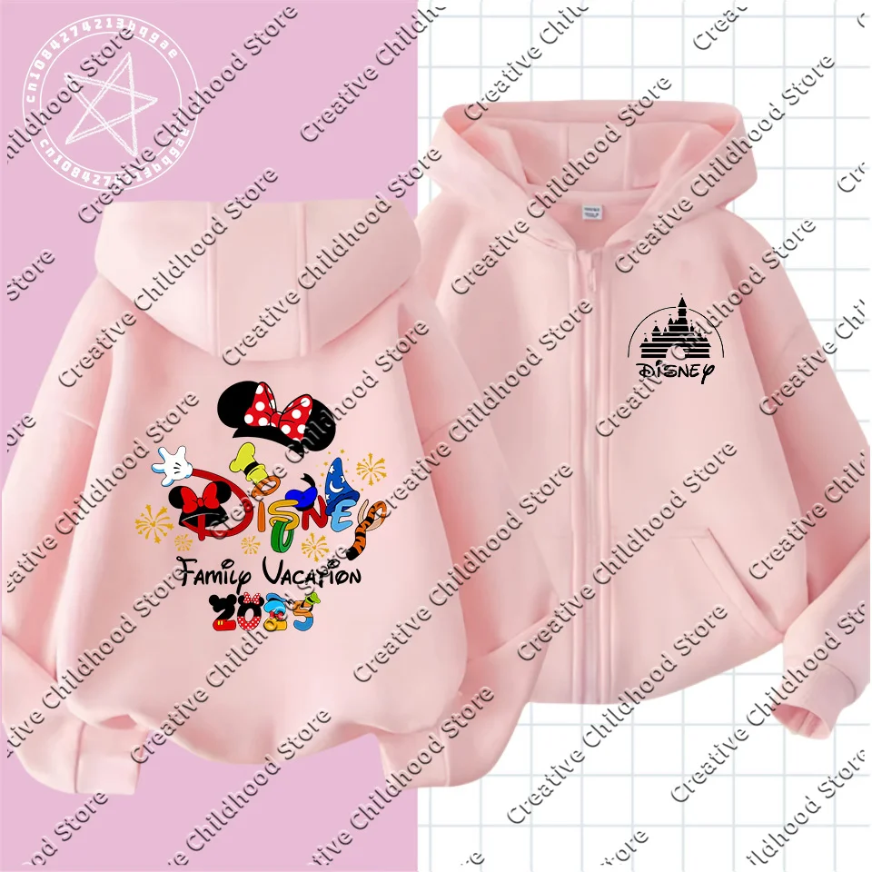 2025 Disney Minnie Mouse Girl Cartoons Kawaii Girl Clothes zipper Hoodie Boy Children Top Caricature Fashion Disneyland Trip