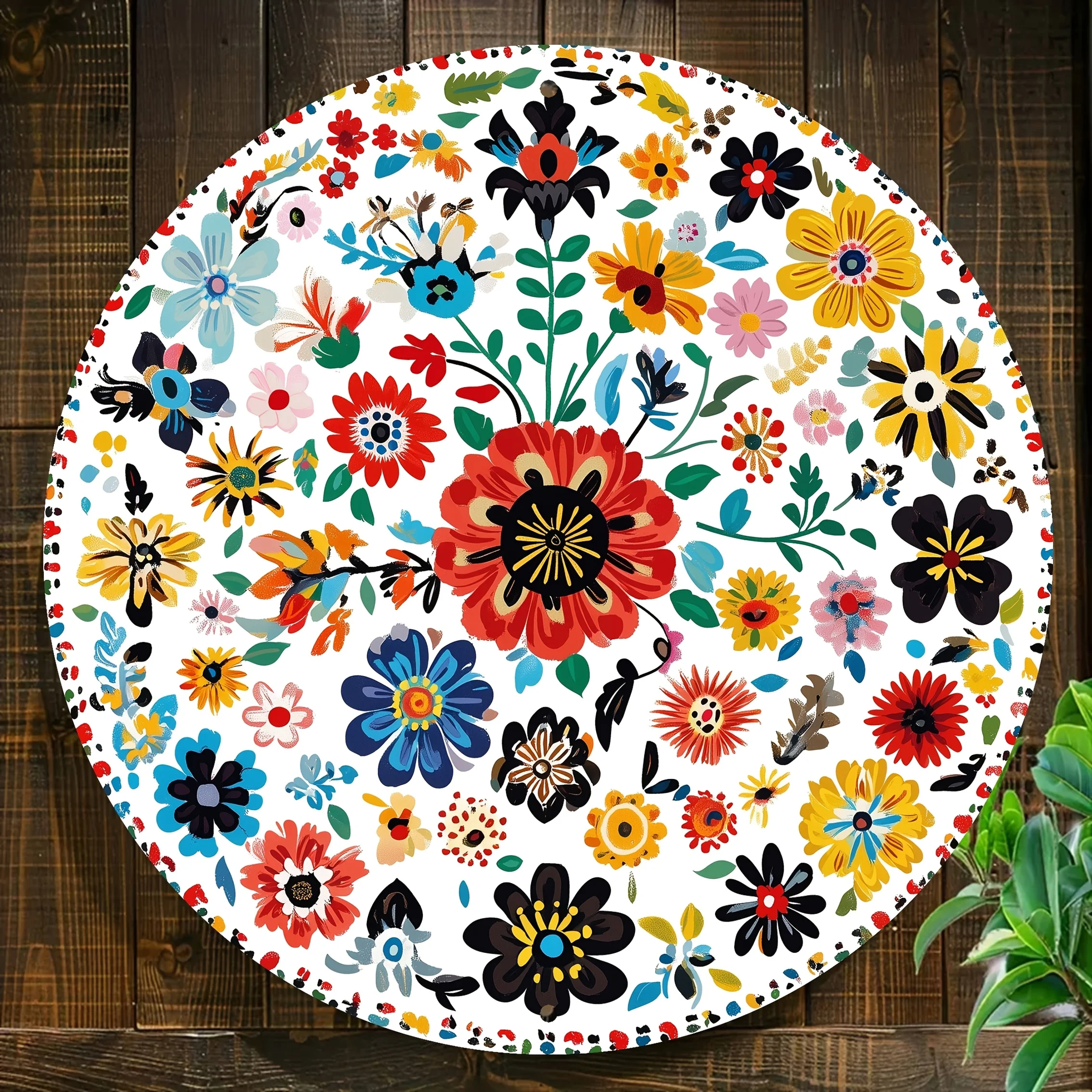 Mexican Folk Art Metal Wall Decor Tin Sign with Multicolor Mexican Flowers (Marigolds, Daisies, Lilies) Sombrero-like Patterns