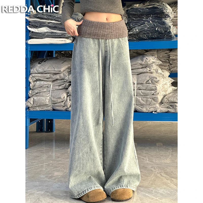 

ReddaChic Women Knit Patchwork Baggy Jeans Distressed Drawstring Waist Straight Wide Leg Casual Pants Retro Korean Streetwear