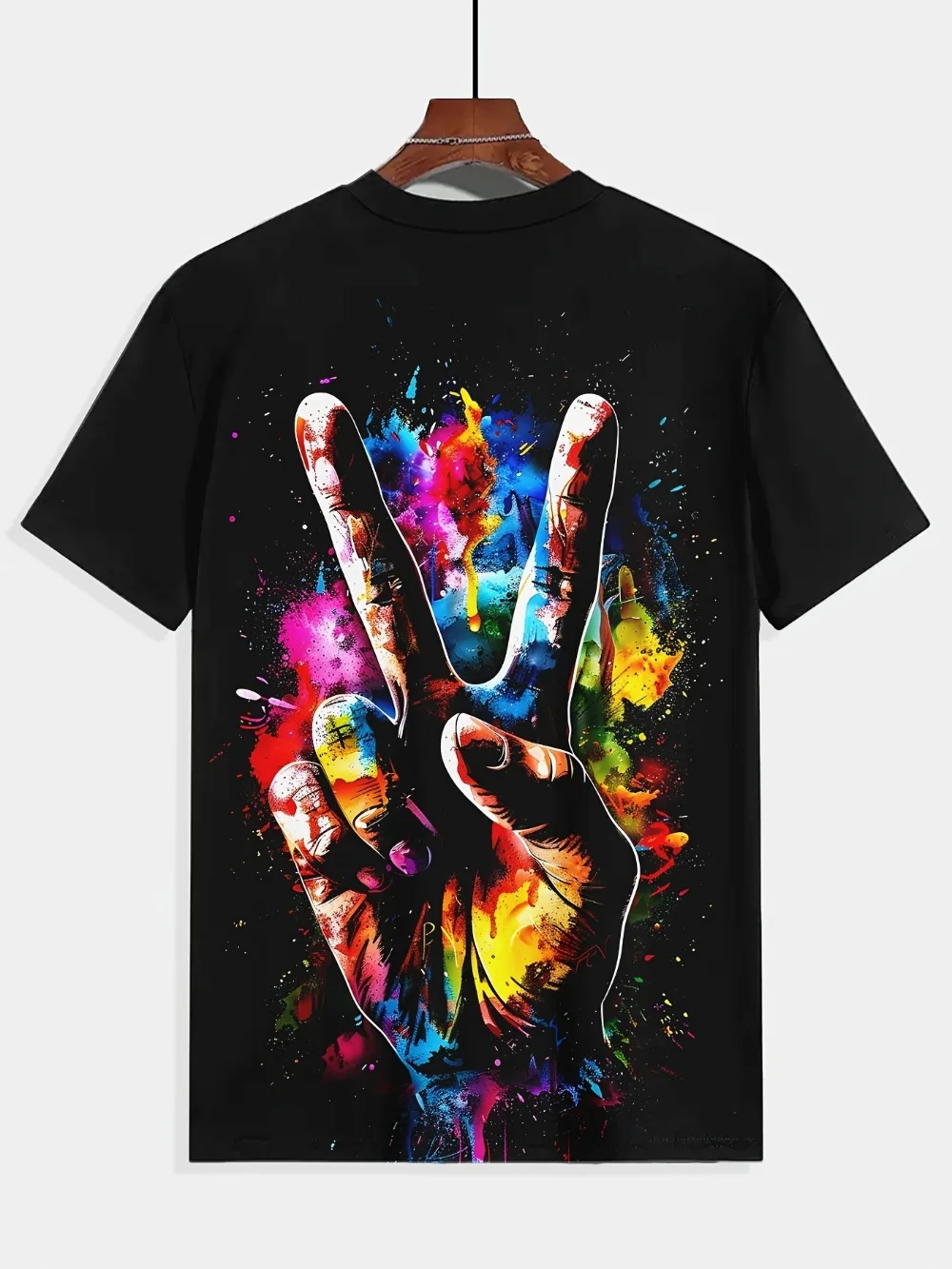 Colorful Splashed Ink Victory Gesture Pattern Breath Leisure Quick-dry 3D Print Men T-shirt Outdoor Harajuku Street SportS Cloth