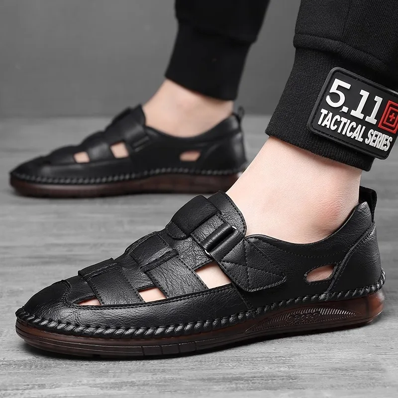 Men Closed‑toe Hollow‑out Leather Sandals 2026 Summer Magic‑tape Rubber Sole Breathable Non‑slip Elderly Shoes Black Brown
