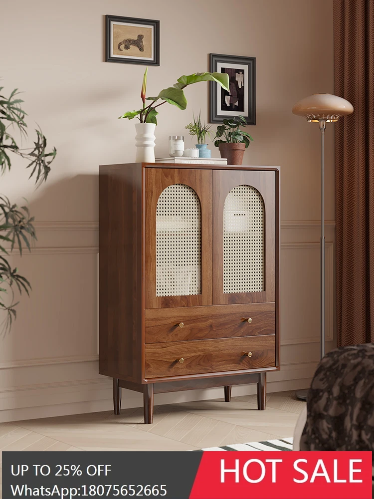 MJY living room rattan small stand retro solid wood legs bedroom wall drawer locker
