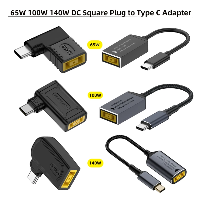 65W 100W 140W USB C Power Adapter PD Converter Type C Male to Square Female DC Plug Fast Charging Cable for Lenovo Charger