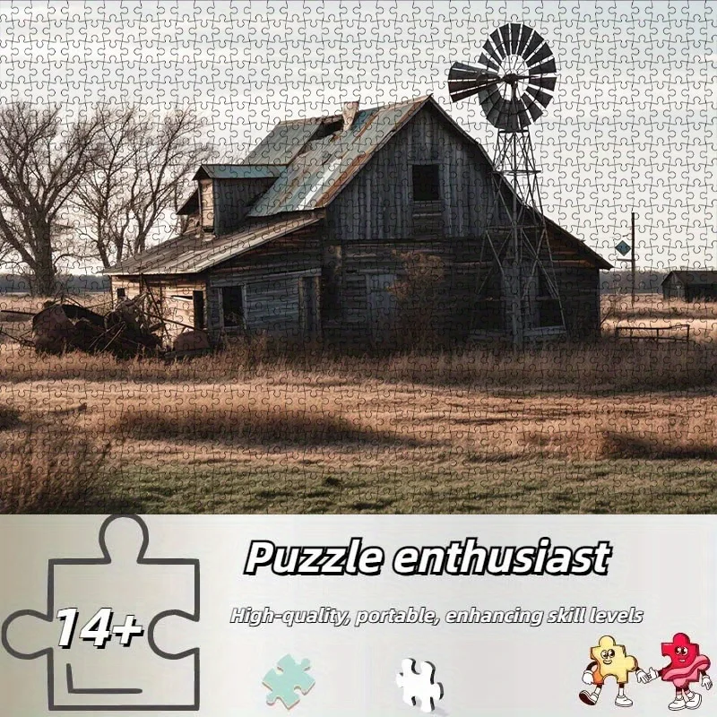 Vintage verlassenes Bauernhaus mit Windmühle, Puzzle für Erwachsene, Retro-Thema, intellektuelles Spiel, Heim- und Freizeit-Dekoration, Puzzle-Spielzeug