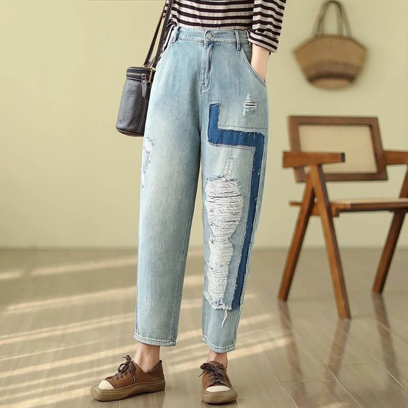 

Брюки-шаровары с дырками, укороченные джинсы с эластичной резинкой на талии, свободные повседневные джинсовые брюки в стиле Харадзюку, мешковатые брюки в корейском стиле, женская одежда