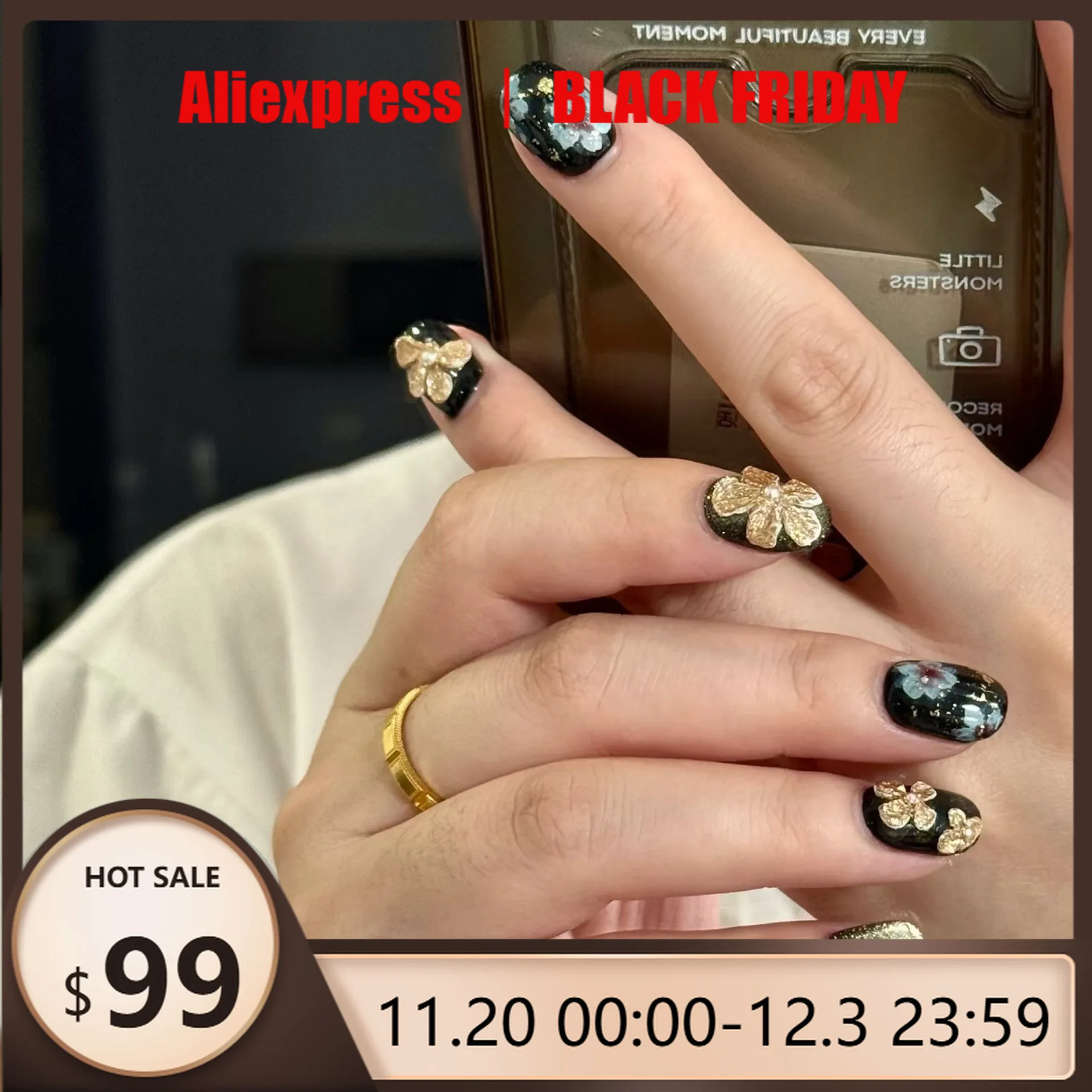 

10 шт. ногти ручной работы, винтажные черные и золотые цветочные 3D резные ногти «кошачий глаз», короткие накладные ногти, идеальный подарок для женщин и друзей