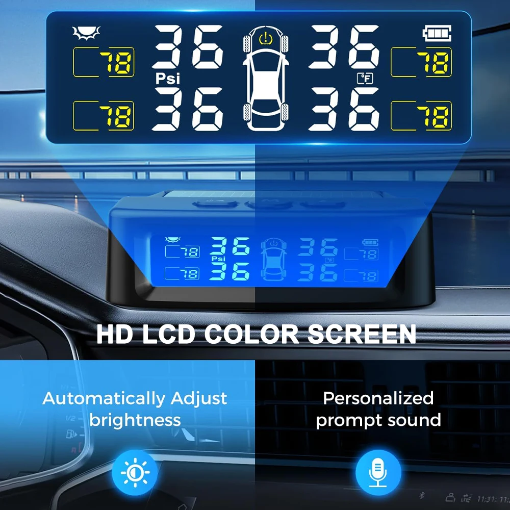 Tire Pressure Monitoring System TPMS with Solar & USB with 4 Sensors 6 Alarm Modes Auto on/off Voice Prompt for RV/SUV/MPV