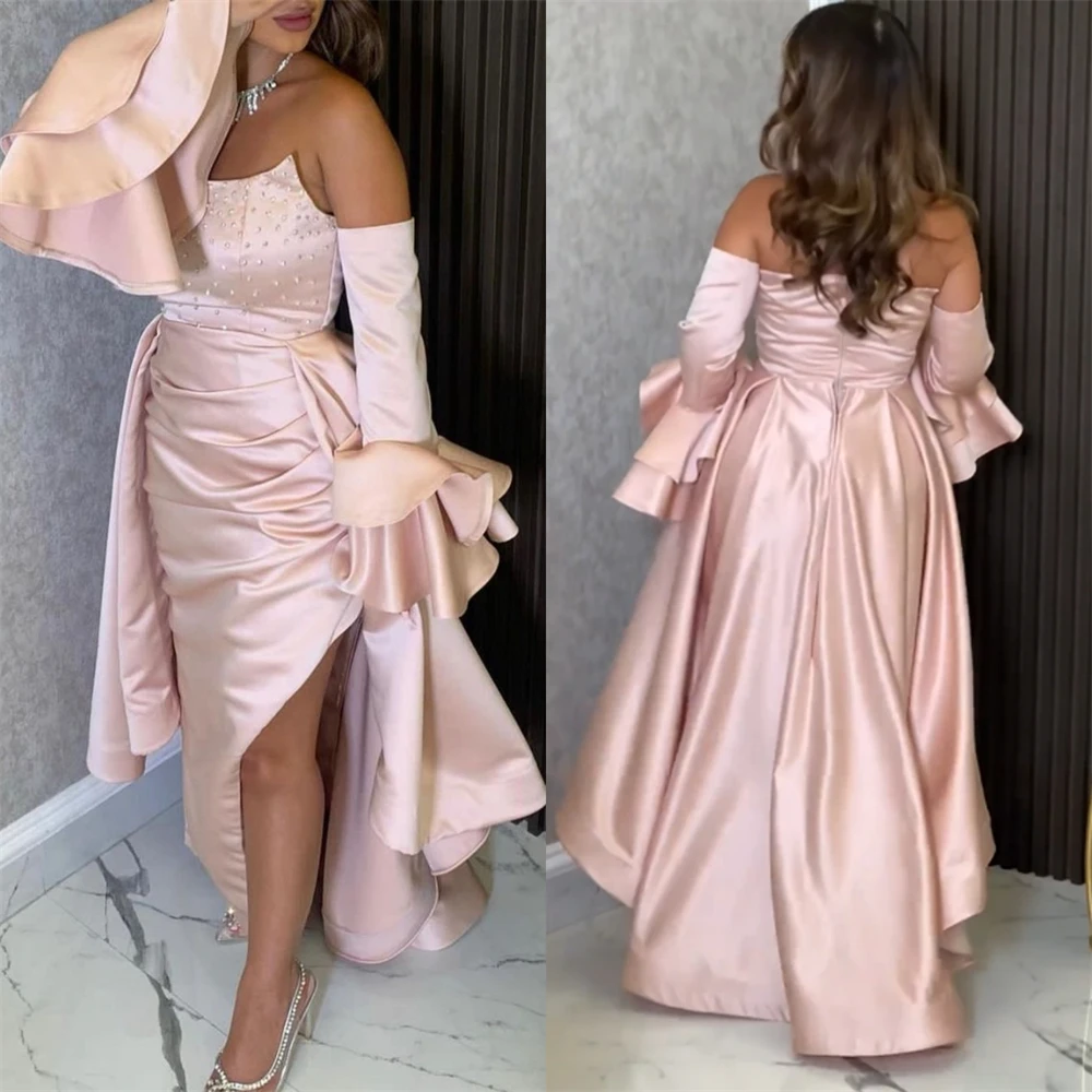 

Exquisite Strapless Sheath Cocktail Sequin Draped Satin Occasion Evening Gown robe de soirée femmes فستان سهرة