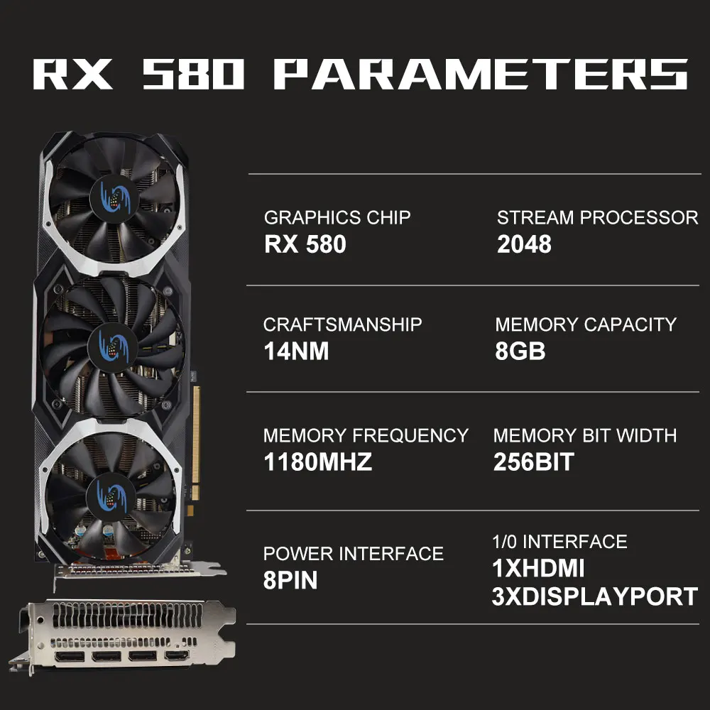 Placas gráficas de vídeo remodeladas, Versão Triple Fans para Mineração e Jogos, RX 580, 8GB, GDDR5