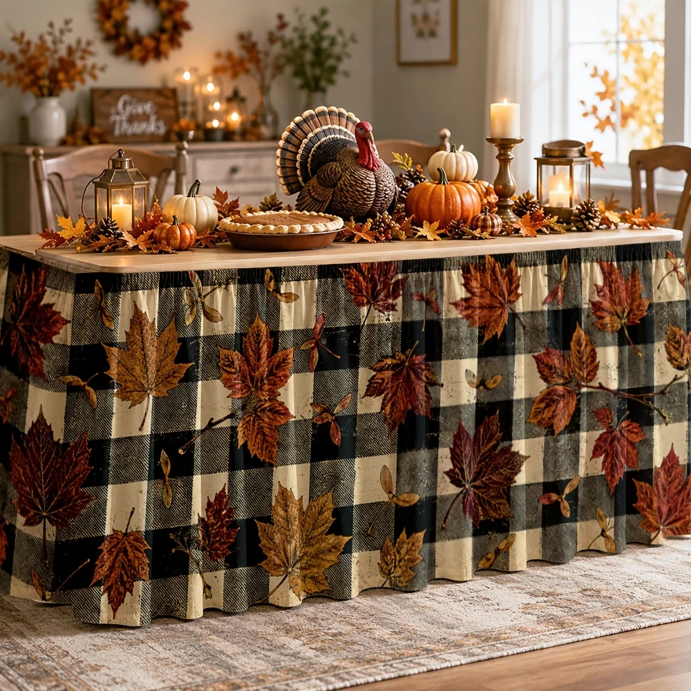 Table skirt / tableskirt - Autumn - Maple leaves - Plaid pattern - Harvest festival - 1 piece