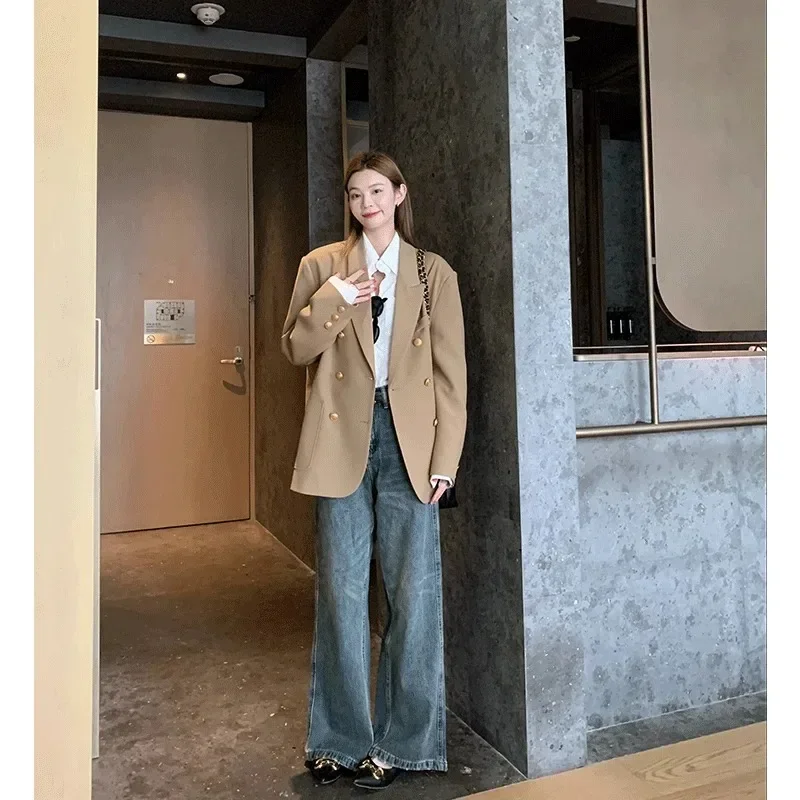 Insozkdg Autumn New Vintage Casual Short Double Breasted Blazer Suit Coat Commuting Solid Color Loose Metal Button Blazers Women