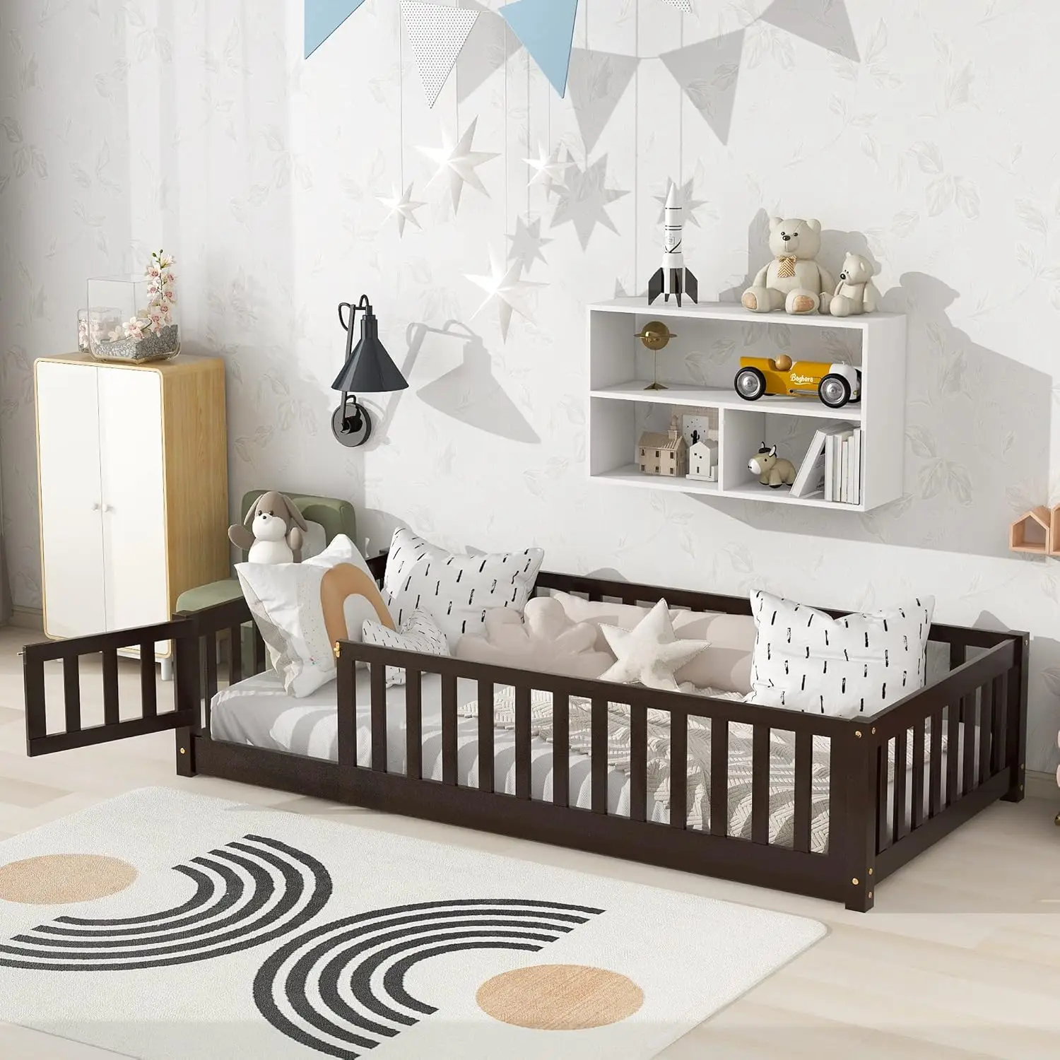 

Full Floor Bed for Children, Sturdy Wood Montessori Bed Frame with Wood Slats, Fence & Door, Montessori Floor Bed for