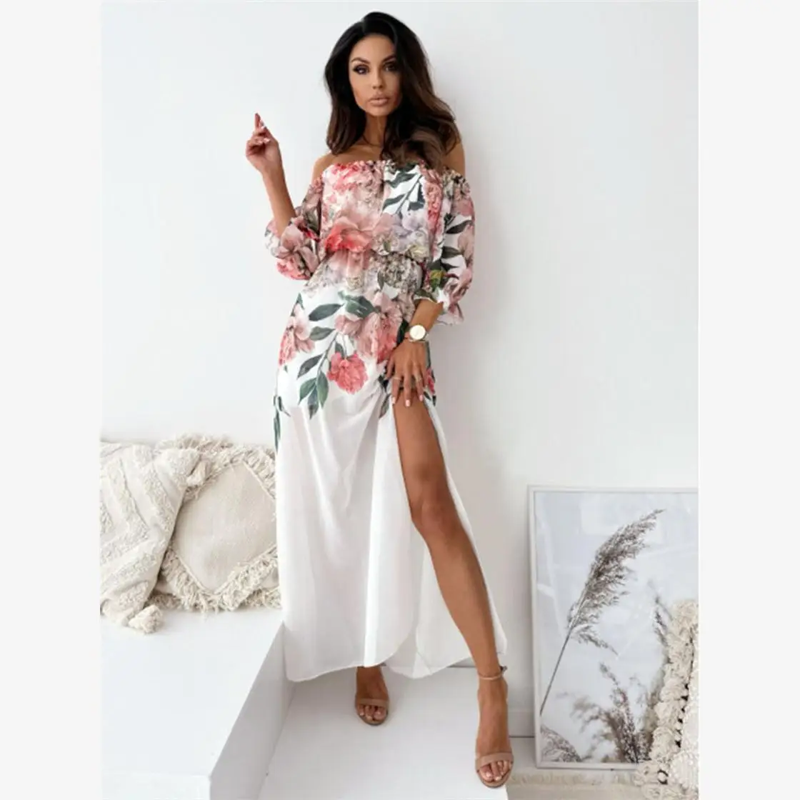 여름 섹시 엘라스틱 허리 하이웨이스트 슬릿 반팔 원숄더 드레스 미디 길이 프린트 쉬폰 랩 체스트 H 타입 드레스