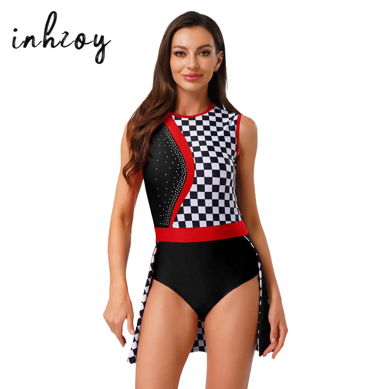 

Womens Speed Racer Checked Bodysuit One Piece Contrast Color Back Skirted Leotard Jumpsuit for Halloween Carnival Driver Cosplay