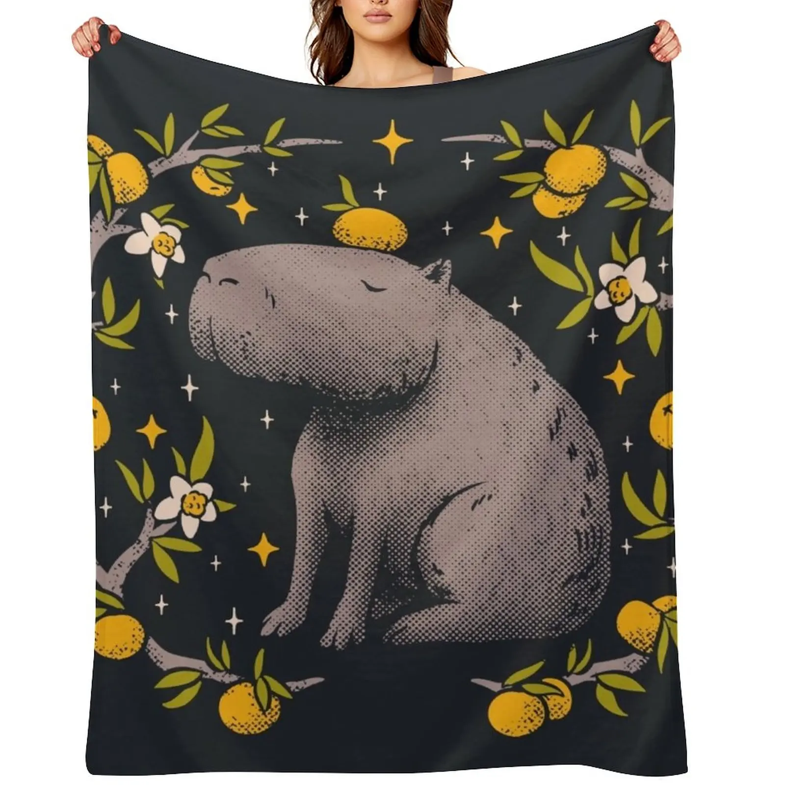 

Capybara Cottagecore Aesthetic Chilling With Orange on Head | Goblincore Capy Yuzu Citrus Fruit Blossom Flowers Me Throw Blanket