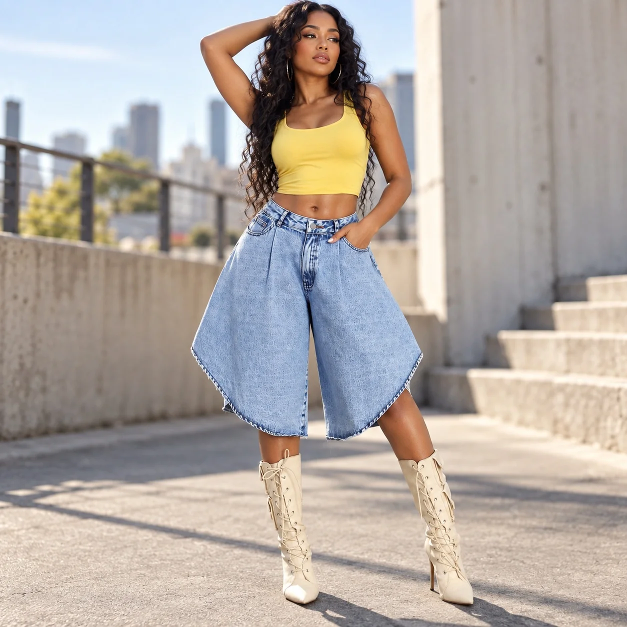 Loose Fit No Stretch Shorts Streetwear with Cropped Length Medium Rise Washed Effect Summer Wrinkle Finish Casual Women Shorts