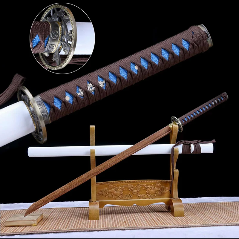 Espada de Entrenamiento Personalizada, Decoración para el Hogar, Katana Japonesa de Tamaño Real, Espada Recta de Ninja, Tsuba de Metal, Color Blanco