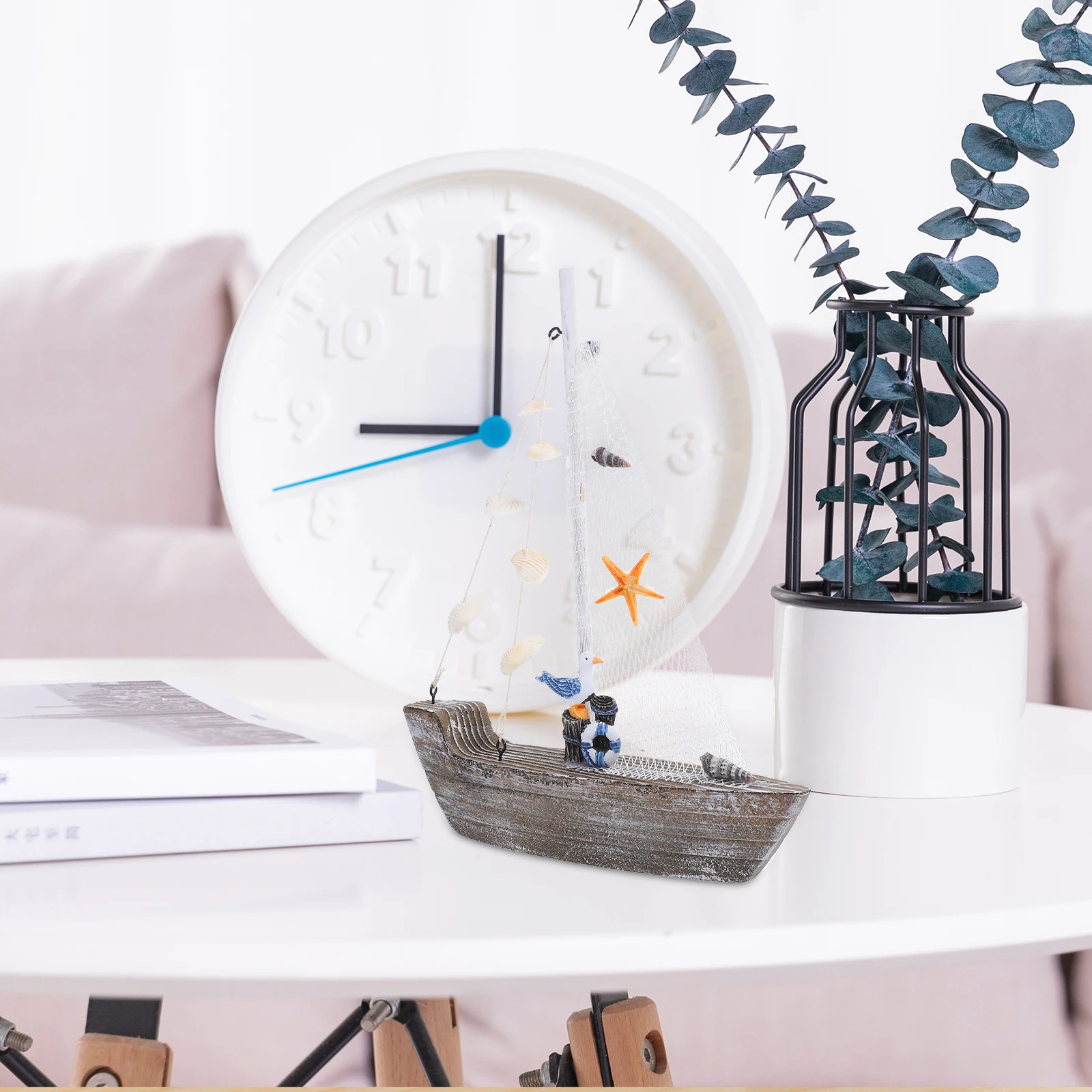 

Mediterranean Style Sailboat Decor Blue White Rustic Wooden Coastal Sailing Boat Ornament for Living Room Bedroom Office