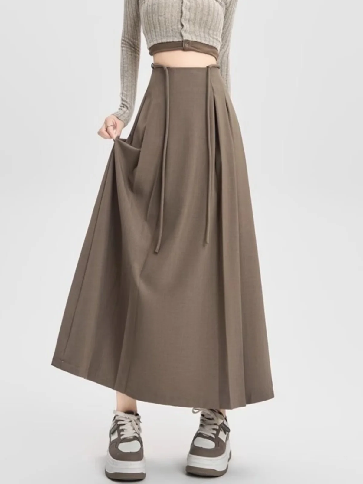 High Waist A-Line Midi Skirt Women's Khaki Color Bell Bottoms Abdomen Inmingling Autumn Winter Cotton Polyester Blend