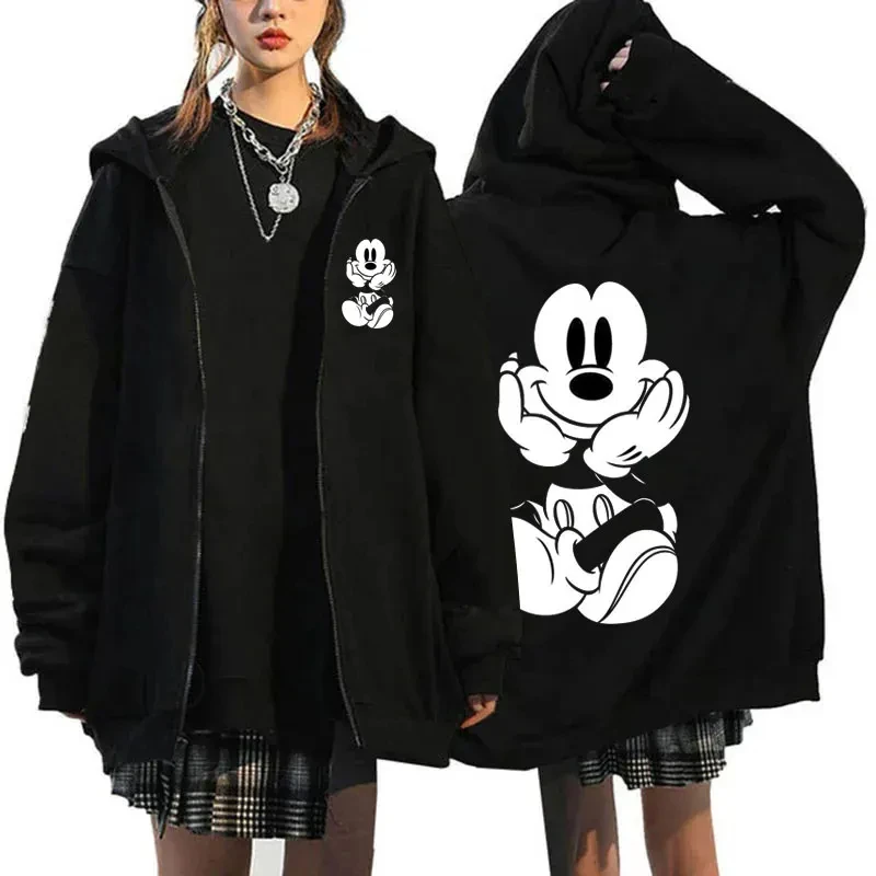 Moletom com zíper mickey mouse masculino e feminino, moletom extragrande preto, moda anime dos desenhos animados, roupas de casal, casaco, jaquetas,