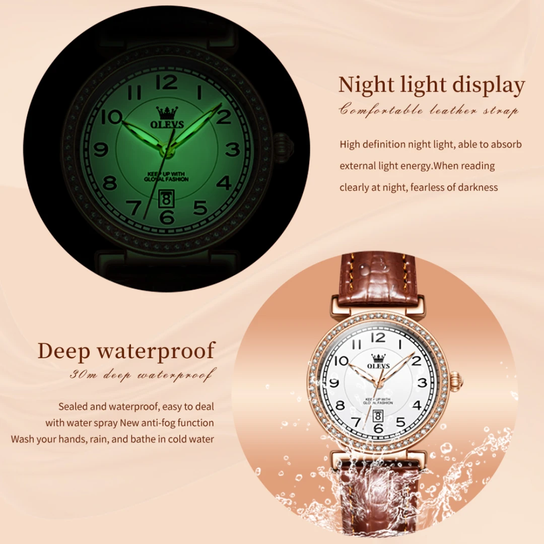 OLEVS 5590 Reloj de moda de cuarzo regalo esfera redonda correa de reloj de pulsera de cuero genuino calendario