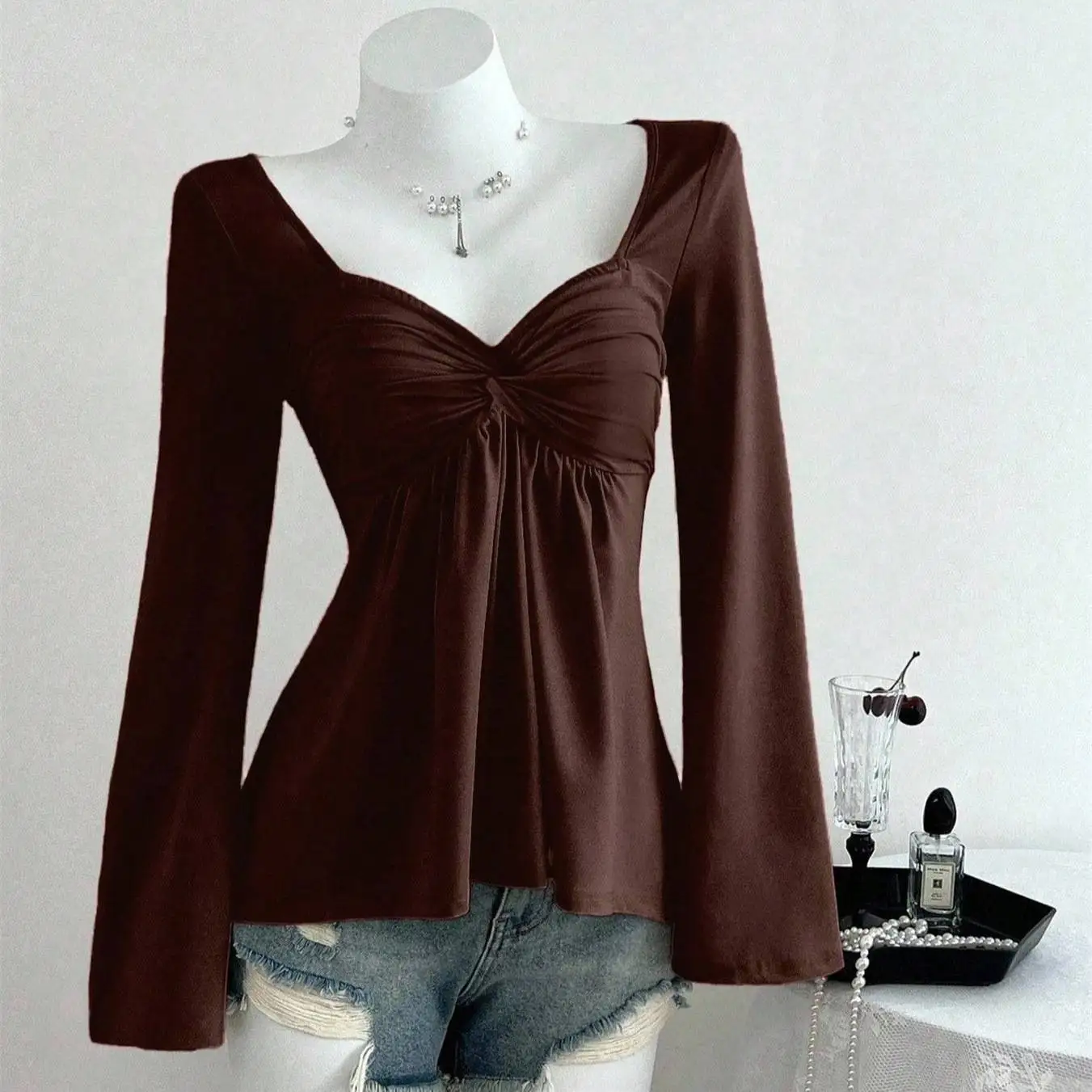 Casual Elegant Long Sleeve 2026V Neck Pleated Sexy Girl T-Shirt Overhead Shirt Polyester Fiber Summer Fashion Ladies' Top