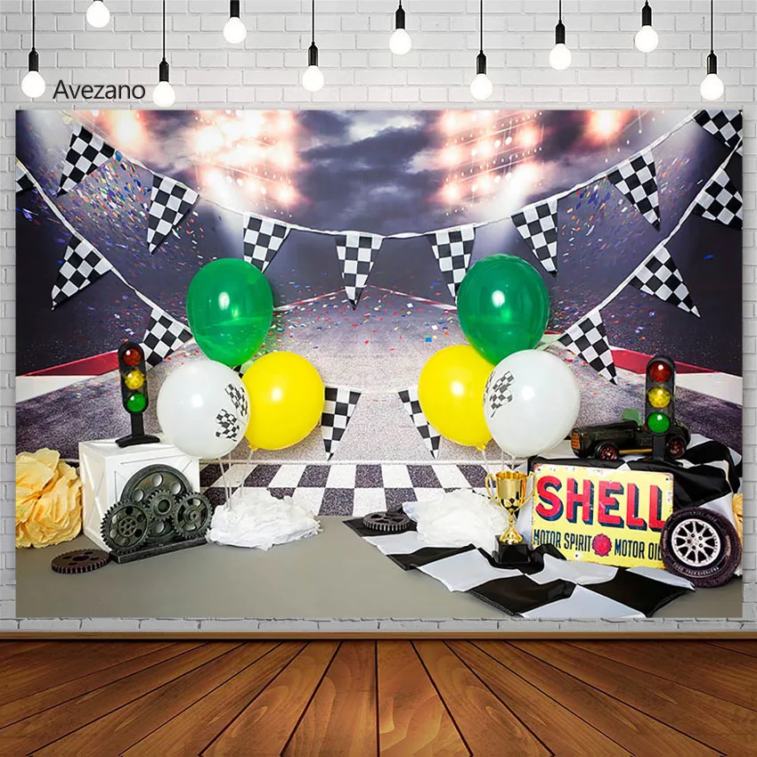 

Avezano Racing Car Theme Backdrop Balloon Boy Birthday Party Cake Smash Grid Shell Background Photography Studio Photo Decor