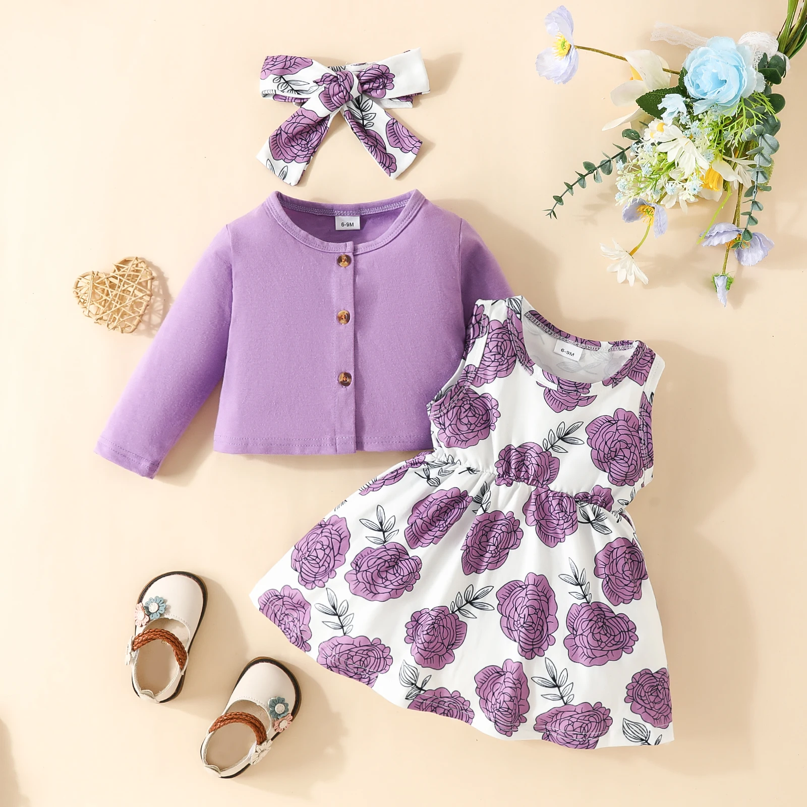 3 PCS baby girl casual dress suit  long long sleeve coat + sleeveless big flower waist dress + headband girl Baby Clothing