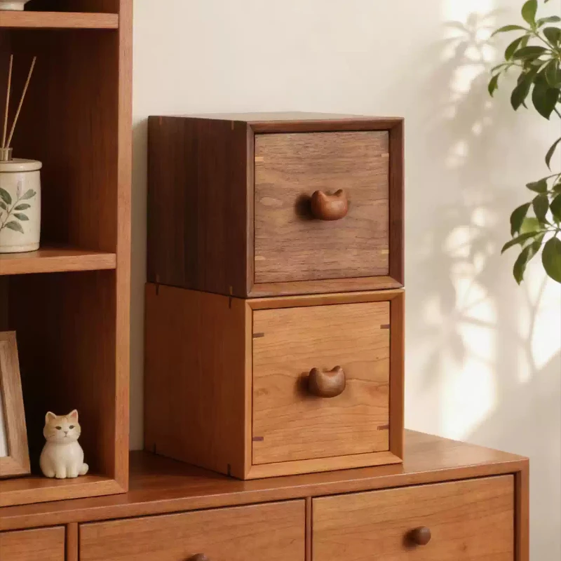 

Black Walnut Storage Cabinet with Mini Cat Handle Large Capacity Storage Box Drawer Style Cosmetics Case Desktop Organizer